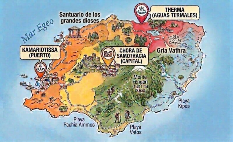Mapa de Samotracia con puntos clave: Kamariotissa, Chora, el Santuario de los Grandes Dioses, Therma y el Monte Fengari